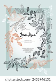 Bay leaves frame vector greeting card template. Romantic bay tree branches summer bouquet. Holiday card design with laurel foliage. Tropical eucalyptus leaves on twigs frame template. Nature print