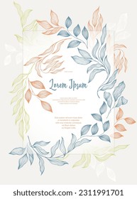 Bay deja la plantilla de la tarjeta de boda vectorial marco. Ramas de árbol de la bahía de época ramo el ramo de verano. Diseño de tarjeta orgánica con follaje de laurel. Hojas exóticas de eucalipto sobre la plantilla de marco de ramas. Instalaciones domésticas
