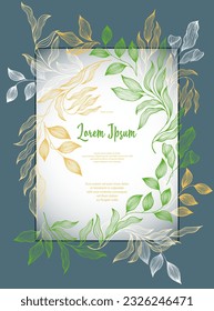 Bay leaves frame vector wedding card template. Elegant bay tree branches summer bouquet. Rustic card design with laurel foliage. Exotic eucalyptus leaves on branches frame template. Botany style