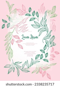 Bay deja la plantilla de la tarjeta de boda vectorial marco. Ramas de árbol de la bahía de época ramo el ramo de verano. Diseño de tarjetas de vacaciones con follaje laurel. Hojas tropicales de eucalipto sobre la plantilla de marco de ramitas. Planta de jardín