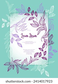 Bay leaves frame vector wedding card template. Elegant bay tree branches summer bouquet. Rustic card design with laurel foliage. Exotic eucalyptus leaves on branches frame template. Bridal decor