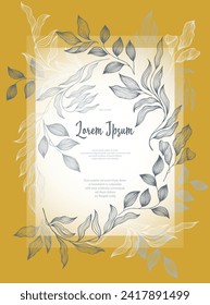 Bay deja la plantilla de la tarjeta de boda vectorial marco. Hermosas ramas de laureles coronan el verano. Diseño de tarjetas florales con follaje laurel. Hojas exóticas de eucalipto sobre la plantilla de marco de ramas. Decoración de novias