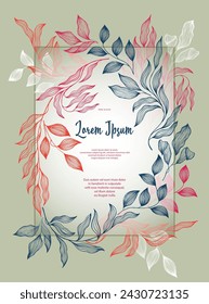 Bay leaves frame vector wedding card template. Delicate bay tree branches summer wreath. Holiday card design with laurel foliage. Tropical eucalyptus leaves on twigs frame template. Bridal decor