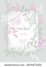 Bay leaves frame vector wedding card template. Elegant bay tree branches summer bouquet. Floral card design with laurel foliage. Exotic eucalyptus leaves on branches frame template. Nature print