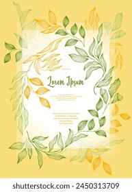 Plantilla de tarjeta de boda de Vector de marco de hojas de bahía. Romántico árbol de la bahía ramas ramo de verano. Diseño de tarjeta orgánica con follaje de laurel. Hojas exóticas de eucalipto en ramas enmarcadas en Plantilla. Plantas domésticas