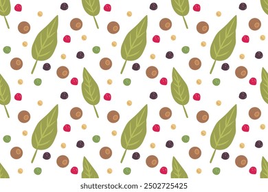 Bay leaves , red green and black pepper isolated green culinary herb doodle illustration . Vector laurel leaf natural condiment, herbal seasoning for food and botanical design .