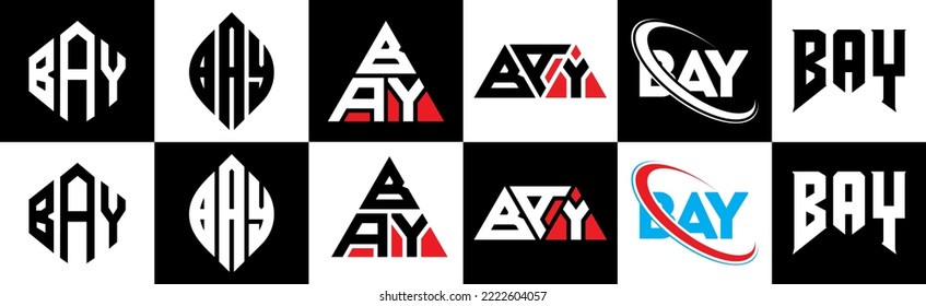BAY letter logo design in six style. BAY polygon, circle, triangle, hexagon, flat and simple style with black and white color variation letter logo set in one artboard. BAY minimalist and classic logo