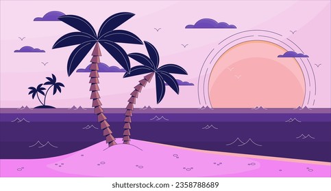 Bay lo fi aesthetic wallpaper. Sunset near ocean. Small island. Beach with palm tree and sand 2D vector cartoon landscape illustration, purple lofi background. 90s retro album art, chill vibes