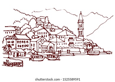 Bay of the Mediterranean town. Montenegro, Perast. Hand drawn vector illustration.