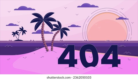 Bay paradise error 404 flash message. Palm trees on island. Website landing page ui design. Not found cartoon image, dreamy vibes. Vector flat illustration concept with 90s retro background