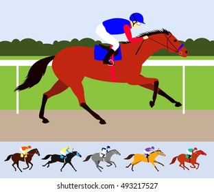 Bay race horse with jockey on racecourse. Flat design vector illustration. 6 racehorses in different phases of the galop and different colors.