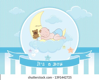 bay shower, Cute cartoon Beautiful baby boy sleeping on the moon with milk and teddy bear, Baby Shower Invitation Card or Template background