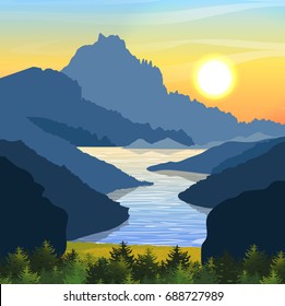 The bay is surrounded by mountains. A cliff covered green firs. Mountain river, lake or sea. Sunset or dawn sky, sun and clouds Vector landscape can be used in newsletter, brochures, postcards, banner