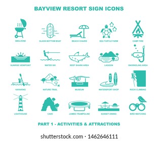 Bay view resort sign icons - Part 1 - Activities and attractions. One color flat icon in geometry line style vectors. Simple and clear symbols, easy to use in the guide post or billboard.