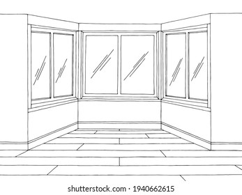 Bay window graphic black white home room interior sketch illustration vector 