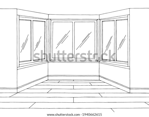 Bay window graphic black white home room interior\
sketch illustration vector\

