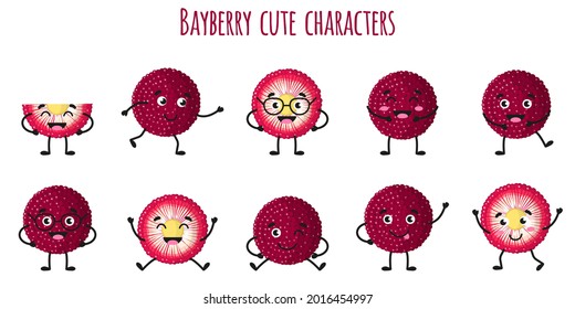 Bayberry fruit cute funny cheerful characters with different poses and emotions.