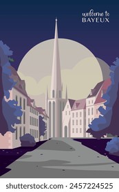 Bayeux village, town vector retro poster. France commune, Calvados department, Normandy vintage style retro illustration with skyline, landmarks, houses at night