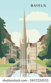 Bayeux village, town vector retro poster. France commune, Calvados department, Normandy vintage style retro illustration with skyline, landmarks, houses, canal