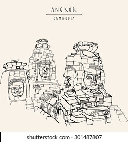 Bayon temple faces at Angkor, Siem Reap Province, Cambodia. Travel tourism poster postcard template, hand drawing and "Angkor Cambodia" hand lettering. Grungy vector freehand line art in retro style