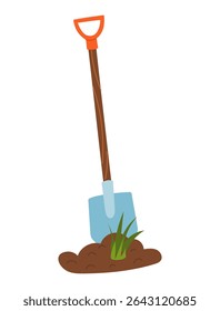 a pá de baioneta cavou a erva daninha do chão. Jardinagem e equipamento de construção. Ilustração em cores planas. É adequado para o design de artigos e materiais educativos sobre jardinagem e hobbies