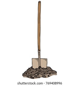 Bayonet shovel with wooden handle. Shovel stuck in the ground. Vector illustration.