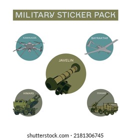 Bayraktar . Javelin. Caesar. Himars. Kamikadze. Military Sticker Pack. Foreign Military Equipment In The War In Ukraine. Vector Stock Illustration. Military System.