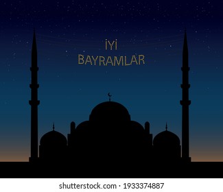 İyi bayramlar (Translate: Happy holidays or happy eids) lettering hanging on Mosque's mahya vector. Mahya is an enlightenment arrangement between two minarets.