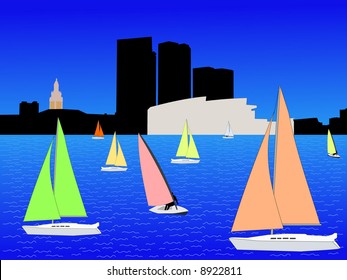 Bayside Miami skyline and yachts with colorful sails illustration
