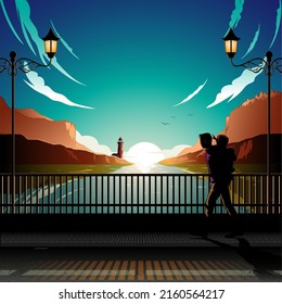 Bayview in the morning vector illustration background. the people figures are removable layers
