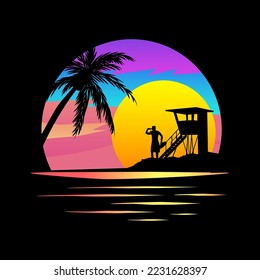 Baywatch  Apparel Graphic. Sunset on Tropical island. Vector graphic, black silhouette on vivid, colourful background. Palm trees, life guard and beach. Tshirt print ready graphic. svg