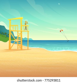Baywatch tower on the sandy coast. Lifeguard house on tropical beach. Lifeguard watching the rolling surfer in the sea.