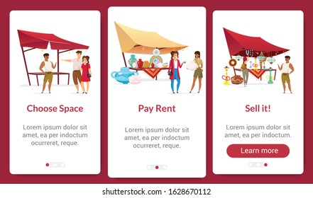 Bazaar business onboarding mobile app screen flat template. Choose space, rent and sell. Street market entrepreneurship. Walkthrough website steps with characters. UX, UI, GUI smartphone interface