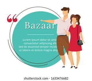 Bazaar buyers flat color vector character quote. Oriental market, fair, marketplace review. Citation blank frame template. Tourists, travelers with speech bubble. Quotation empty text box design