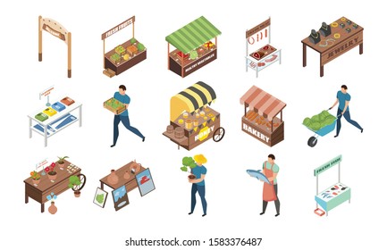 Bazaar icons set with market sale symbols isometric isolated vector illustration