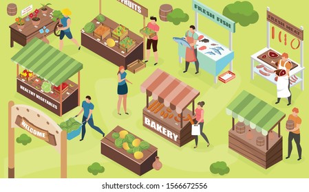 Bazaar isometric composition with outdoor view of market stalls selling food and goods with human characters vector illustration - Shutterstock ID 1566672556