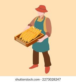 Hombre bazaar lleva pan fresco panecillos mercado — Bollos de pan mercado de alimentos