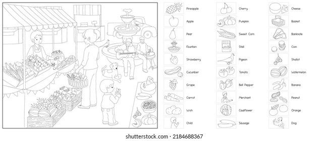 bazaar market exchange black and white coloring book outline vector illustration
