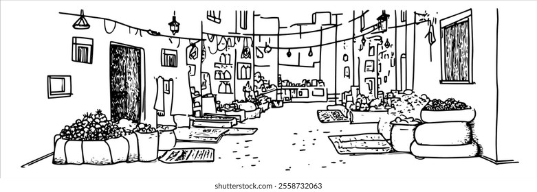 bazaar in Marrakesh panorama hand drawing doodle hatching vector sketch