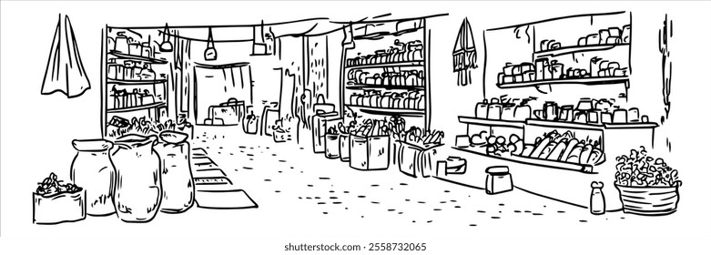 bazaar in Marrakesh panorama hand drawing doodle hatching vector sketch