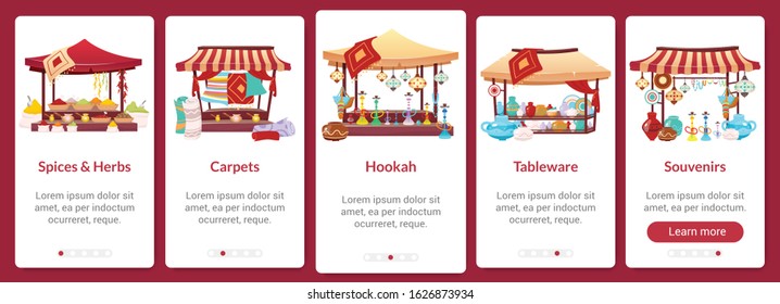 Bazaar onboarding mobile app screen flat vector template. Asian street market. Oriental fair. Walkthrough website steps with isolated characters on white. UX, UI, GUI smartphone cartoon interface