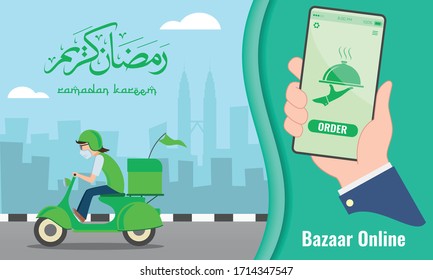 BAZAAR ONLINE concept via smartphone during ramadan. Arabic text translation - bless the month of ramadan. Ramadan is the fasting month for muslim. Food delivery e-bazaar services