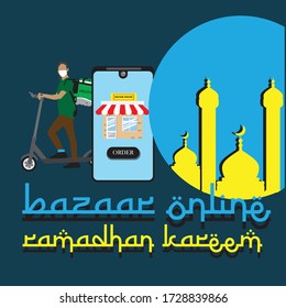 Concepto BAZAAR ONLINE vía smartphone. La traducción de texto en árabe es Ramadhan Kareem es un mes bendito de ramadán. El Ramadán es el mes de ayuno para los musulmanes. Servicios de bazar electrónico para la entrega de alimentos