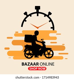 Bazaar online delivery. Fast delivery. Vector cartoon illustration. Food service. Retro bike.