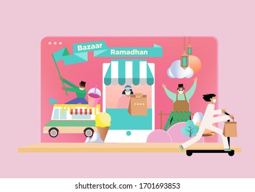 bazaar ramadan saludos plantilla vectorial/ pedir comida durante la época de pandemia en ramadan/ covid-19 periodo/ ilustración con palabras malasias que significan 'bazaar ramadan, feliz rompimiento ayuno', 'bendecido ramadan'