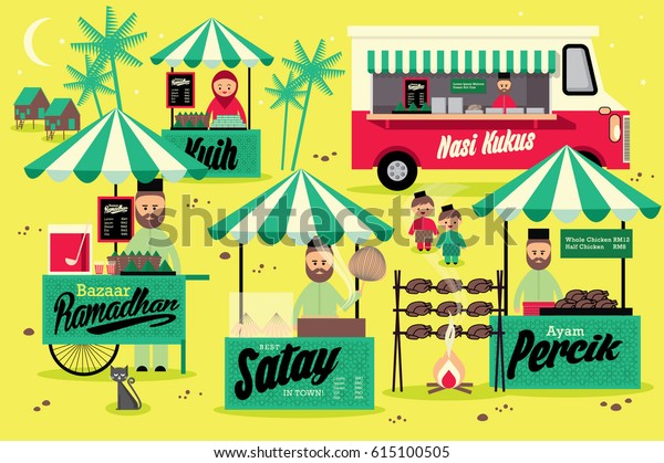 集市斋月模板矢量 插图与马来语 意味着蒸米饭 柏西克鸡和蛋糕库存矢量图 免版税