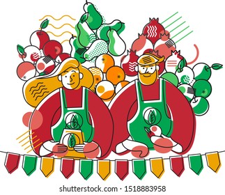 Bazaar scene. Sellers in the fruit stall on an abstract background