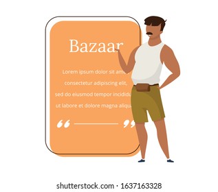 Bazaar seller flat color vector character quote. Street market, fair vendor advertising. Asian marketplace worker with speech bubble. Citation blank frame template. Quotation empty text box design