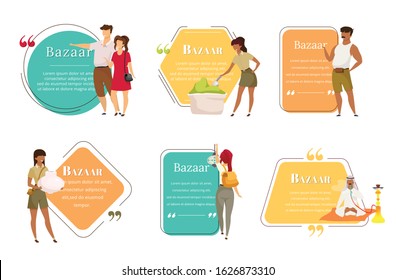 Bazaar sellers flat color vector character quotes set. Oriental fair. Asian marketplace for tourist advertising. Citation blank frame template. Speech bubble. Quotation empty text box design