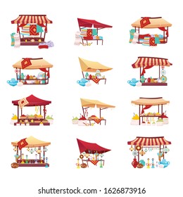 Bazaar trade tents cartoon vector illustrations set. Middle east marketplace flat color objects. Retail canopy with souvenirs, handmade pottery, hookah and crafted carpets isolated on white background